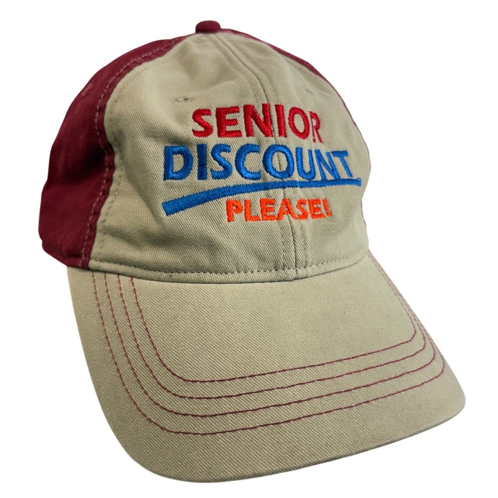 UltraClub Senior‎ Discount Please Hat Tan Burgundy Red Funny Embroidered Cap